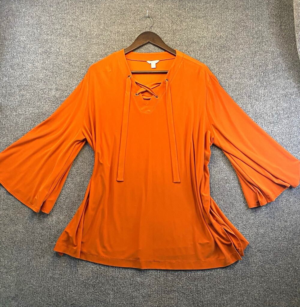 Cato Womens Orange Solid Lace Eyelet Lace-Up V-Neck 3/4 Bell Sleeve Blouse 2XL